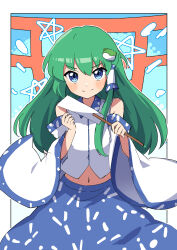 Rule 34 | 1girl, absurdres, blue background, blue skirt, closed mouth, crop top, detached sleeves, frog hair ornament, gohei, green hair, hair ornament, hair tubes, highres, holding, holding gohei, kochiya sanae, long hair, looking at viewer, midriff, miz (mizillustration), navel, outside border, patterned clothing, pentagram, shirt, skirt, smile, snake hair ornament, solo, split mouth, torii, touhou, v-shaped eyebrows, white shirt, wide sleeves