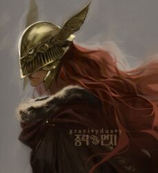Rule 34 | 1girl, artist name, brown background, cape, commentary, covered eyes, elden ring, english commentary, expressionless, facing viewer, from side, fur-trimmed cape, fur trim, gravitydusty, helmet, helmet over eyes, long hair, malenia blade of miquella, red cape, red hair, scar, scar on face, simple background, solo, upper body, watermark, winged helmet