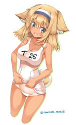 Rule 34 | 10s, 1girl, :3, :d, animal ears, bare arms, bare shoulders, blonde hair, blush, breasts, character name, cleavage, clothes lift, cropped legs, dog ears, dog tail, dutch angle, fang, groin, hairband, i-26 (kancolle), inuzumi masaki, kantai collection, kemonomimi mode, long hair, looking at viewer, medium breasts, name tag, navel, one-piece swimsuit, one-piece tan, open mouth, school swimsuit, simple background, smile, solo, stomach, swimsuit, swimsuit lift, tail, tan, tanline, white background, white one-piece swimsuit, white school swimsuit