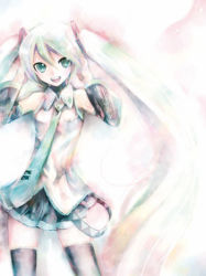 Rule 34 | 1girl, detached sleeves, faux traditional media, green eyes, green hair, hatsune miku, kei (keigarou), long hair, lowres, matching hair/eyes, necktie, solo, speed painting, thighhighs, twintails, vocaloid, zettai ryouiki