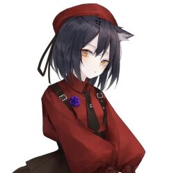 0_(znanimo) 1girl animal_ear_fluff animal_ears arknights beret black_hair black_necktie black_skirt brown_eyes closed_mouth collared_shirt ear_piercing ears_down hair_between_eyes hat long_sleeves looking_at_viewer necktie piercing pleated_skirt puffy_long_sleeves puffy_sleeves red_hat red_shirt shirt simple_background skirt solo suspender_skirt suspenders texas_(arknights) tie_clip white_background