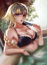 Rule 34 | 1girl, :o, absurdres, bath, bikini, bikini top only, blonde hair, braid, breasts, cleavage, collarbone, dutch angle, fate/grand order, fate (series), food, headpiece, highres, jeanne d&#039;arc (fate), jeanne d&#039;arc (ruler) (fate), jeanne d&#039;arc (swimsuit archer) (fate), jeanne d&#039;arc (white cruising) (fate), large breasts, long hair, looking at viewer, partially submerged, popsicle, purple bikini, purple eyes, single braid, solo, swimsuit, yafura