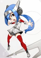 Rule 34 | 1girl, arm warmers, armor, blue hair, bracer, chibi, crosscode, fighting stance, full body, hair between eyes, headgear, helmet, highres, jacket, lea (crosscode), legs apart, light smile, long hair, looking at viewer, open mouth, pauldrons, ponytail, red eyes, red thighhighs, scar, scar on face, scar on nose, shorts, shorts under skirt, shoulder armor, sidelocks, solo, standing, thighhighs, white background, white footwear, yunar