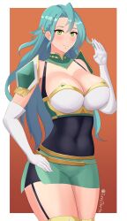 Rule 34 | 1girl, absurdres, aqua hair, bare shoulders, blush, border, bow, breasts, chloe (fire emblem), cleavage, commentary, covered navel, cowboy shot, elbow gloves, fire emblem, fire emblem engage, garter straps, gloves, green eyes, green skirt, hair bow, hand up, highres, large breasts, long hair, looking at viewer, microskirt, nintendo, orange background, orange bow, outside border, pencil skirt, skirt, smile, solo, standing, thighs, tiredtorto, very long hair, white border, white gloves