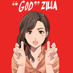Rule 34 | 1girl, air quotes, blush, breasts, brown eyes, brown hair, cleavage, collared shirt, commentary request, fingernails, godzilla (series), hair over shoulder, hands up, kayoco anne patterson, looking at viewer, medium breasts, munakata (hisahige), nail polish, open mouth, orange shirt, popped collar, red background, round teeth, shin godzilla, shirt, simple background, solo, teeth, upper body, white nails, wing collar