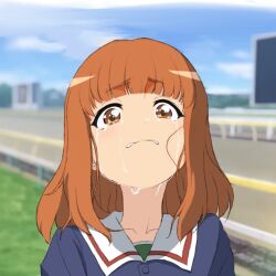 Rule 34 | 1girl, blue jacket, blue sky, blunt bangs, blurry, blurry background, collarbone, commentary request, crying, crying with eyes open, girls und panzer, grass, guard rail, jacket, kohinore, long hair, long sleeves, looking at viewer, ooarai school uniform, orange eyes, orange hair, outdoors, road, school uniform, sky, solo, standing, straight-on, takebe saori, tears, umamusume, umamusume: road to the top, upper body, wavy mouth