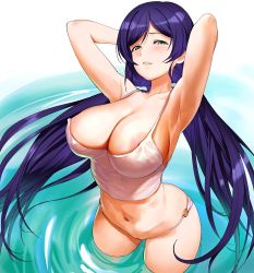 Rule 34 | 1girl, a1 (initial-g), areola slip, armpits, arms behind head, bikini, bikini bottom only, breasts, cleavage, commentary request, covered erect nipples, from above, green eyes, highres, large breasts, long hair, looking at viewer, love live!, love live! school idol project, low twintails, navel, o-ring, o-ring bottom, parted lips, partially submerged, purple hair, sideboob, swept bangs, swimsuit, thighs, tojo nozomi, twintails, very long hair, water