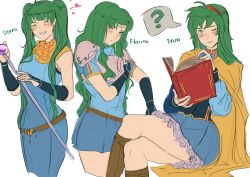Rule 34 | 1girl, absurdres, alternate hairstyle, armor, blush, breastplate, breasts, cape, character name, dress, earrings, closed eyes, fingerless gloves, fire emblem, fire emblem: the blazing blade, florina (fire emblem), gloves, green eyes, green hair, highres, jewelry, long hair, lyn (fire emblem), nino (fire emblem), nintendo, ormille, ponytail, short hair, skirt, smile, twintails, very long hair, weapon
