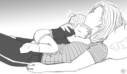 Rule 34 | 2girls, android 18, baby, closed eyes, crazyjen, diaper, dragon ball, dragonball z, greyscale, marron (dragon ball), monochrome, mother and daughter, multiple girls, short hair, sleeping, two side up