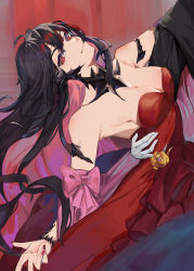 Rule 34 | 1girl, absurdres, arm around waist, arm up, armband, armpits, au ra, warrior of light (ff14), bare shoulders, black hair, bow, breasts, cleavage, closed mouth, dancing, dragon girl, dragon horns, dress, elezen, elf, final fantasy, final fantasy xiv, fingernails, floating hair, highres, horns, leaning back, long hair, looking at viewer, medium breasts, miyano haruto, multicolored hair, nail polish, pointy ears, red dress, red eyes, red hair, red nails, scales, smile, solo focus, strapless, two-tone hair