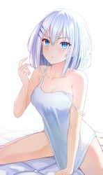 Rule 34 | 1girl, bare legs, blue eyes, breasts, cleavage, collarbone, date a live, hair between eyes, hair ornament, hairclip, highres, long hair, medium breasts, naked shirt, parted lips, shirt, shirt tug, silver hair, simple background, sitting, sleeveless, sleeveless shirt, solo, spread legs, strap slip, tobiichi origami, tobiichi origami (pixiv31950946), wariza, white background, white shirt