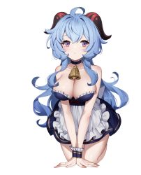 Rule 34 | 1girl, :&lt;, absurdres, ahoge, alternate costume, ankkoyom, bare shoulders, bell, black choker, blue hair, breasts, choker, collarbone, commentary, enmaided, ganyu (genshin impact), genshin impact, highres, horns, large breasts, long hair, maid, neck bell, purple eyes, simple background, solo, v arms, wavy hair, white background, wrist cuffs