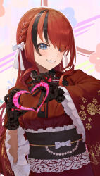 Rule 34 | 1girl, black hair, black sash, blue eyes, bow, braid, flower, french braid, frilled sash, frilled sleeves, frills, gloves, grin, hair bow, hair over one eye, heart, heart hands, heart in heart hands, highres, japanese clothes, kimono, lace, lace gloves, lain paterson, lain paterson (5th costume), long hair, looking at viewer, multicolored hair, naxile, nijisanji, obi, official alternate costume, red flower, red hair, red kimono, sash, smile, solo, streaked hair, very long hair, virtual youtuber, white bow, wide sleeves