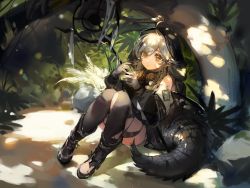 Rule 34 | 1girl, ahoge, arknights, bad id, bad twitter id, bare shoulders, black thighhighs, boots, braid, brown eyes, ciloranko, closed mouth, commentary request, crocodilian tail, day, eyes visible through hair, full body, gloves, grey footwear, grey gloves, grey hair, hair between eyes, half gloves, highres, hood, hood up, large tail, long hair, long sleeves, looking at viewer, plant, pointy ears, shadow, sitting, solo, sunlight, tail, thighhighs, tomimi (arknights), torn clothes, torn thighhighs, tree