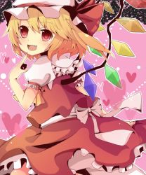 Rule 34 | 1girl, :d, ascot, back bow, blonde hair, bloomers, blush, bow, breasts, commentary request, crystal, dot nose, eyelashes, fang, finger to mouth, fingernails, flandre scarlet, frilled shirt collar, frilled skirt, frills, hat, hat ribbon, heart, highres, looking at viewer, mob cap, multicolored wings, one eye closed, one side up, open mouth, petticoat, pink background, puffy short sleeves, puffy sleeves, red eyes, red ribbon, red skirt, red vest, ribbon, ruhika, shirt, short hair, short hair with long locks, short sleeves, side ponytail, skirt, small breasts, smile, solo, standing, touhou, underwear, upper body, vest, white hat, white shirt, wings, wrist cuffs, yellow ascot