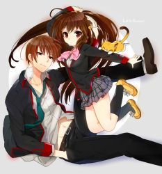 Rule 34 | 1boy, 1girl, bad id, bad pixiv id, bow, brother and sister, brown hair, cat, highres, jamijami, little busters!, long hair, natsume kyousuke, natsume rin, pink bow, plaid, plaid skirt, ponytail, red eyes, school uniform, short hair, siblings, skirt