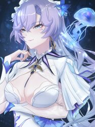 1girl arm_under_breasts blue_eyes blue_flower breasts cantarella_(wuthering_waves) center_opening closed_mouth commentary_request dress earrings flower hair_flower hair_ornament hand_up highres jellyfish jewelry large_breasts long_hair looking_ahead nmnmpngr purple_hair smile solo upper_body white_dress wuthering_waves