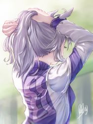 Rule 34 | 1girl, ahoge, alternate costume, arms up, commentary, english commentary, from behind, grey hair, highres, holding, holding own hair, horse girl, jacket, long hair, long sleeves, oguri cap (umamusume), origonz, signature, solo, sweatdrop, track jacket, tying hair, umamusume, umamusume: cinderella gray, upper body
