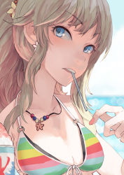 Rule 34 | 1girl, bare arms, bikini, blonde hair, blue eyes, blue sky, breasts, cleavage, day, earrings, face, fingernails, flower earrings, food, hand up, idolmaster, idolmaster cinderella girls, idolmaster cinderella girls starlight stage, jewelry, long hair, looking at viewer, medium breasts, nail polish, necklace, ocean, ohtsuki yui, outdoors, pendant, pink nails, ponytail, rainbow bikini, sawarakajin, shaved ice, sky, solo, string bikini, striped bikini, striped clothes, swimsuit, underboob, utensil in mouth