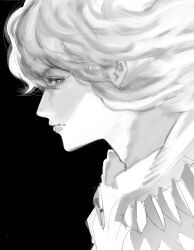 Rule 34 | 1boy, absurdres, berserk, cape, commentary, greyscale, griffith (berserk), highres, long hair, male focus, monochrome, portrait, profile, simple background, solo, wavy hair, xyanaid