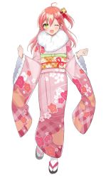 Rule 34 | 1girl, absurdres, ahoge, alternate costume, bell, cherry blossom print, floral print, full body, furisode, green eyes, hair bell, hair ornament, hairclip, highres, hololive, japanese clothes, kimono, looking at viewer, motsunuki, one eye closed, open mouth, pink hair, sakura miko, sandals, solo, virtual youtuber, white background, x hair ornament
