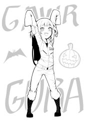 Rule 34 | 1girl, black footwear, boots, character name, commentary, cosplay, cross-laced footwear, english commentary, gawr gura, ghostbusters, greyscale, halloween, highres, hololive, hololive english, jack-o&#039;-lantern, jumpsuit, knee boots, lace-up boots, lineart, long sleeves, monochrome, niell sugata, open mouth, sharp teeth, solo, teeth, virtual youtuber