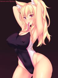 Rule 34 | 1girl, animal ear fluff, animal ears, armpits, arms up, black background, black one-piece swimsuit, blonde hair, blush, breasts, cat ears, cat girl, cleavage, competition swimsuit, covered erect nipples, covered navel, cowboy shot, gluteal fold, highres, large breasts, long hair, looking at viewer, mouth hold, nottytiffy, one-piece swimsuit, original, ponytail, red eyes, ribbon, ribbon in mouth, sidelocks, simple background, slit pupils, smile, solo, swimsuit, tiffy (nottytiffy), tying hair