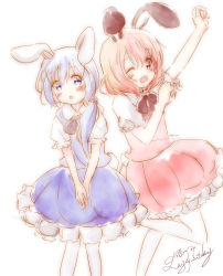 Rule 34 | 2girls, :o, ;d, absurdres, animal ears, arm up, artist name, black neckwear, blue eyes, blue hair, blue skirt, blue vest, blush, bow, bowtie, collared shirt, flat chest, frilled skirt, frills, gochuumon wa usagi desu ka?, hair ornament, hair scrunchie, hairclip, highres, hoto cocoa, kafuu chino, kemonomimi mode, light blue hair, long hair, looking at viewer, low ponytail, multiple girls, one eye closed, open mouth, orange hair, own hands together, pantyhose, pink skirt, pink vest, puffy short sleeves, puffy sleeves, purple eyes, rabbit ears, rabbit tail, razu bitaki, scrunchie, shirt, short hair, short sleeves, sidelocks, signature, simple background, sketch, skirt, smile, standing, standing on one leg, tail, vest, white background, white legwear, white shirt, wing collar, x hair ornament
