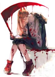 Rule 34 | 1girl, animal, blood, blood on clothes, blood on face, blood stain, brown hair, cat, chainsaw man, closed eyes, commentary request, demon horns, dress shirt, dripping, hair between eyes, hemokinesis, highres, holding, holding scythe, holding weapon, horns, jacket, long hair, meowy (chainsaw man), necktie, power (chainsaw man), scythe, sharp teeth, shirt, shorts, simple background, sitting, syokuuuuuuuuumura, teeth, weapon, white background