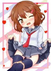 Rule 34 | 10s, 1girl, ;d, brown eyes, brown hair, clothes lift, fangs, hair ornament, hairclip, highres, ikazuchi (kancolle), kamishima yuu, kantai collection, one eye closed, open mouth, panties, panty pull, personification, school uniform, serafuku, short hair, skirt, skirt lift, smile, solo, thighhighs, underwear, wink, yellow panties