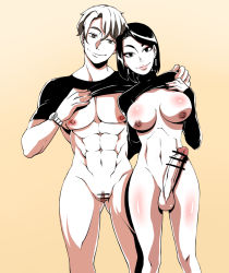 Rule 34 | 1boy, 1girl, abs, black hair, breasts, brown eyes, brown hair, clitoris, clothes lift, deaf (pixiv), earrings, erection, fat mons, futa with reverse newhalf, futanari, highres, jewelry, large penis, muscular, muscular female, muscular male, navel, newhalf, newhalf with reverse newhalf, nipple piercing, nipples, original, penis, piercing, pussy, reverse newhalf, shirt lift, short hair, smile, submissive couple, take your pick, thick thighs, thighs, watch, wide hips