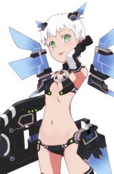 Rule 34 | 1girl, alternate hair length, alternate hairstyle, arm up, armpits, bikini, black bikini, black gloves, black sister, black thighhighs, breasts, bright pupils, choujigen game neptune, closed mouth, commission, cowboy shot, elbow gloves, gloves, groin, hand in own hair, headgear, kayabakoro, looking at viewer, mechanical wings, navel, neptune (series), pixiv commission, short hair, simple background, small breasts, smile, solo, standing, swimsuit, thighhighs, tomboy, very short hair, white background, white hair, white pupils, wings