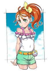 Rule 34 | 1girl, belt, blue background, border, bow, breasts, bright pupils, closed mouth, covered navel, cowboy shot, cropped legs, dekosukentr, green eyes, green shorts, hair bow, highres, natsuumi manatsu, off-shoulder shirt, off shoulder, orange belt, orange hair, outside border, precure, shirt, shorts, side ponytail, small breasts, solo, tropical-rouge! precure, white border, white pupils, white shirt, yellow bow