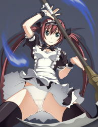 Rule 34 | 1girl, airi (queen&#039;s blade), airi (queen's blade), airi (the infernal temptress), breasts, caryo, clothes lift, dress, dress lift, female focus, frills, from below, green eyes, long hair, maid, nanashino, panties, queen&#039;s blade, red hair, ribbon, scythe, simple background, solo, thighhighs, twintails, underwear, upskirt, white panties, wind, wind lift, wrist cuffs