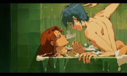 1boy 1girl blue_hair cigarette closed_mouth daniel_(project_moon) fukurouinwhite hetero highres holding holding_cigarette in_bathtub kali_(project_moon) lobotomy_corporation long_hair looking_at_another mixed-sex_bathing orange_eyes overflowing overflowing_bath partially_submerged project_moon red_hair scar scar_on_hand scar_on_leg shared_bathing short_hair smile smoke smoking soap_bubbles tile_wall tiles topless_male water yellow_eyes