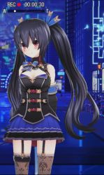 Rule 34 | 1girl, absurdres, arms behind back, black hair, blue dress, blush, breasts, cleavage, dress, garter straps, highres, long hair, looking at viewer, medium breasts, miniskirt, neptune (series), night, noire (neptunia), outdoors, pleated skirt, recording, red eyes, road, skirt, smile, solo, street, thighhighs, twintails, very long hair, zettai ryouiki