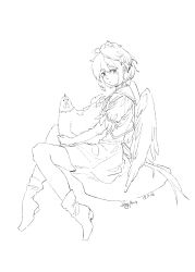Rule 34 | 1girl, absurdres, animal, bird, boots, chick, chicken, dated, feathered wings, furahata gen, highres, holding, holding animal, lineart, looking at viewer, monochrome, niwatari kutaka, sailor collar, shirt, short hair, short sleeves, signature, simple background, skirt, solo, touhou, white background, wings