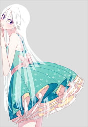 Rule 34 | 1girl, :3, blush, bow, dress, green dress, grey background, leaning, long hair, looking at viewer, original, purple eyes, ribbon, satoshiheart, simple background, smile, solo, white hair