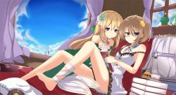 Rule 34 | 10s, 2girls, barefoot, beniyosweet009, blanc (neptunia), blonde hair, blue eyes, book, bow, breasts, brown hair, building, cleavage, cloud, collar, cup, curtains, day, dress, drink, female focus, flower, flower pot, food, hair flower, hair ornament, hair ribbon, hat, highres, holding, jacket, leg ribbon, long hair, looking at another, looking at viewer, mirror, multiple girls, neck ribbon, neptune (series), pout, ribbon, saucer, short hair, sitting, small breasts, smile, star (symbol), star hair ornament, vert (neptunia), window, windowsill, yuri