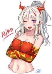 Rule 34 | 1girl, :d, absurdres, after3310, arknights, bandeau, bare shoulders, breasts, cleavage, collarbone, commentary, cropped torso, crossed arms, eyeshadow, highres, horns, long hair, looking at viewer, makeup, medium breasts, midriff, navel, nian (arknights), open mouth, pointy ears, purple eyes, simple background, smile, solo, stomach, strapless, tongue, tongue out, tube top, upper body, white background, white hair