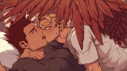 Rule 34 | 2boys, abbbby 28, bara, bed, black shirt, blonde hair, blue eyes, boku no hero academia, couple, endeavor (boku no hero academia), facial hair, feathered wings, french kiss, hawks (boku no hero academia), kiss, large pectorals, looking at another, lying, male focus, mature male, multiple boys, muscular, muscular male, on back, on bed, pectorals, pillow, red hair, shirt, tongue, tongue out, white shirt, wings, yaoi, yellow eyes