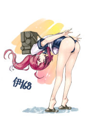 Rule 34 | 10s, 1girl, adjusting clothes, adjusting swimsuit, ass, bad id, bad pixiv id, bent over, character name, hair ribbon, i-168 (kancolle), kantai collection, legs, long hair, looking at viewer, one-piece swimsuit, personification, ponytail, red eyes, red hair, ribbon, sandals, school uniform, serafuku, solo, swimsuit, swimsuit under clothes, tiptoes, zutta