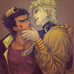 Rule 34 | 2boys, black hair, blonde hair, blood, bracer, chain, curly hair, dio brando, earrings, eyelashes, fangs, fingernails, hand on another&#039;s chin, hand on another&#039;s face, hand on another&#039;s head, hat, headband, highres, injury, jacket, jewelry, jojo no kimyou na bouken, kuujou joutarou, licking lips, lips, multiple boys, nail polish, realistic, red eyes, red nails, sharp fingernails, shirt, signature, skin tight, taut clothes, taut shirt, tongue, tongue out, turtleneck, yamyanm.k, yellow jacket