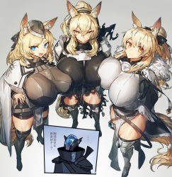 Rule 34 | 1boy, 3girls, :d, alternate breast size, animal ear fluff, animal ears, arknights, armor, armored boots, arms behind back, aunt and niece, black bow, black footwear, black headwear, black legwear, black scarf, black shorts, blemishine (arknights), blonde hair, blue eyes, boots, bow, breast press, breastplate, breasts, cape, closed mouth, commentary request, fang, from above, full body, fur collar, garrison cap, grey background, hair between eyes, hair bow, hand on own hip, hat, headset, highres, horse ears, horse girl, horse tail, huge breasts, kingdom of kazimierz logo, knee pads, long hair, looking at viewer, melon22, multiple girls, nearl (arknights), open mouth, orange eyes, pelvic curtain, ponytail, scarf, shorts, shoulder armor, siblings, sidelocks, sisters, skin fang, smile, standing, tail, thick eyebrows, thigh boots, thighhighs, torn clothes, translation request, tsurime, v-shaped eyebrows, whislash (arknights), white armor, white cape