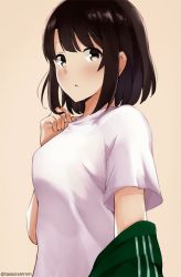 Rule 34 | 1girl, blush, breasts, brown background, brown eyes, brown hair, commentary request, copyright request, green jacket, hand up, jacket, looking at viewer, medium breasts, parted lips, shirt, short sleeves, simple background, solo, tasora, twitter username, upper body, white shirt