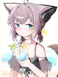 Rule 34 | 1girl, absurdres, animal ears, arknights, bendy straw, bikini, black bikini, black bow, blue eyes, bow, brown hair, closed mouth, commentary request, cup, drinking glass, drinking straw, fox ears, fox girl, fox tail, hair bow, hand up, headphones for animal ears, highres, holding, holding cup, low twintails, see-through, short twintails, solo, spam (spamham4506), sussurro (arknights), sussurro (summer flower) (arknights), swimsuit, tail, twintails, upper body