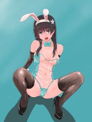 Rule 34 | 1girl, absurdres, animal ears, black footwear, black gloves, black hair, black thighhighs, blue background, blue eyes, breasts, cameltoe, cleavage, covered navel, detached collar, elbow gloves, embarrassed, fake animal ears, flower, full body, gloves, groin, hair flower, hair ornament, high heels, highres, knees up, legs, leotard, looking at viewer, medium breasts, musaki (msaki666), nontraditional playboy bunny, open mouth, rabbit ears, saten ruiko, see-through, see-through leotard, shiny clothes, sitting, skin tight, solo, spread legs, thighhighs, thighs, toaru kagaku no railgun, toaru majutsu no index, wrist cuffs