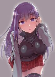 Rule 34 | 1girl, backlighting, black thighhighs, blush, breasts, cowboy shot, hair flip, half-closed eyes, jacket, jewelry, large breasts, leaning forward, long hair, long sleeves, looking at viewer, malariya, miniskirt, misao (kami no misoshiru), necklace, open clothes, open jacket, parted lips, pendant, plaid, plaid skirt, purple eyes, purple hair, quiz magic academy, ribbed sweater, skindentation, skirt, solo, standing, sweater, thighhighs