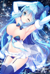 Rule 34 | 1girl, armpits, arms up, bare shoulders, blue bow, blue eyes, blue hair, blue panties, blue thighhighs, bow, bowtie, breasts, cleavage, detached collar, elbow gloves, emori miku, garter straps, gloves, gold trim, hair bow, hair ornament, high heels, highres, large breasts, leg up, liver city, long hair, looking at viewer, microskirt, midriff, navel, one eye closed, one side up, panties, pantyshot, pleated skirt, revealing clothes, see-through, skirt, smile, snowflakes, solo, stomach, tanoma suzume, thighhighs, underwear, very long hair, white footwear, white gloves, white skirt