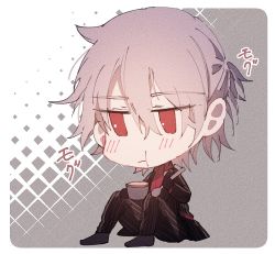 Rule 34 | 1boy, antonio salieri (fate), antonio salieri (second ascension) (fate), bad id, bad twitter id, blush, chibi, eating, fate/grand order, fate (series), food, formal, grey hair, hair between eyes, half updo, holding, holding spoon, jacket, long sleeves, pants, pudding, red eyes, sitting, spoon, striped clothes, striped jacket, striped pants, suit